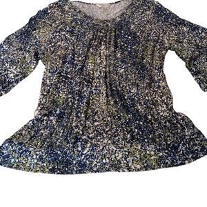 CJ BANKS‎ Stretchy Peasant Top 1X Gathered Ditsy Print Artsy Comfort Casual Work